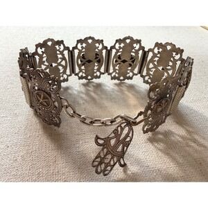Vintage Egyptian revival Filigree Hamsa signed Elephant Sword Panel Bracelet